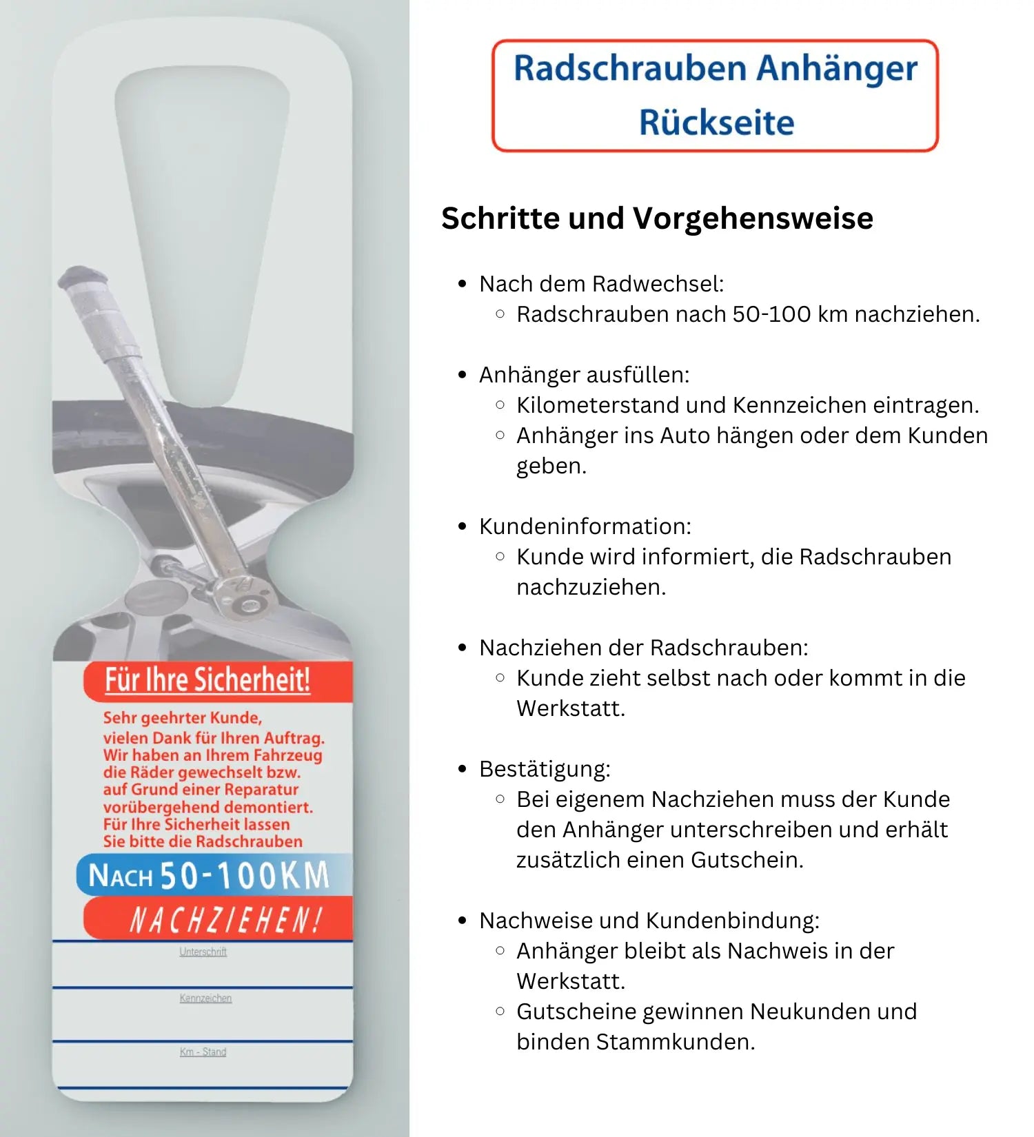 Radschrauben Spiegelanhänger mit Gutscheinkarte KFZ-Service mit Konzept Reifenmontage - Kriegerdruck