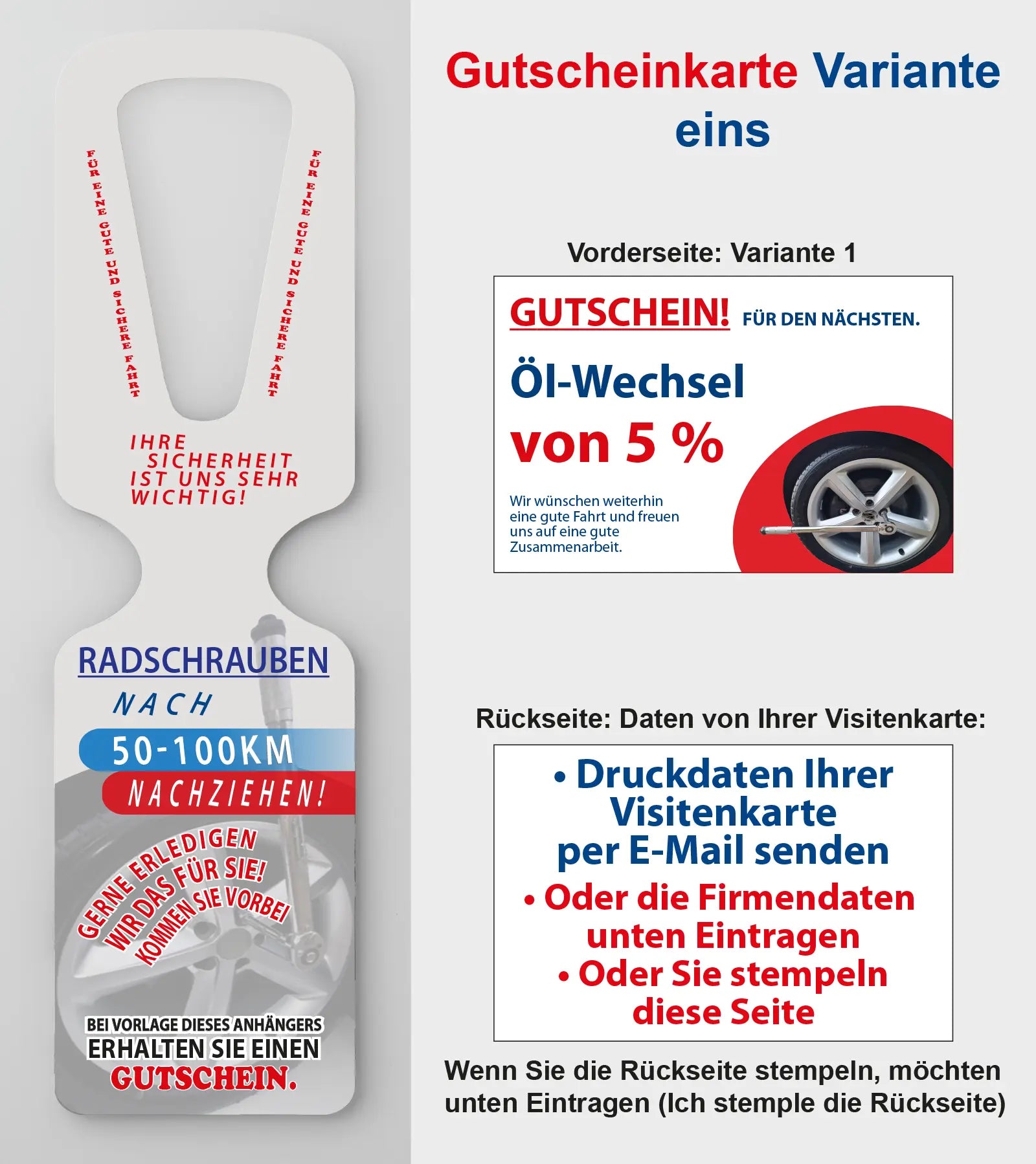 Radschrauben Spiegelanhänger mit Gutscheinkarte KFZ-Service mit Konzept Reifenmontage - Kriegerdruck