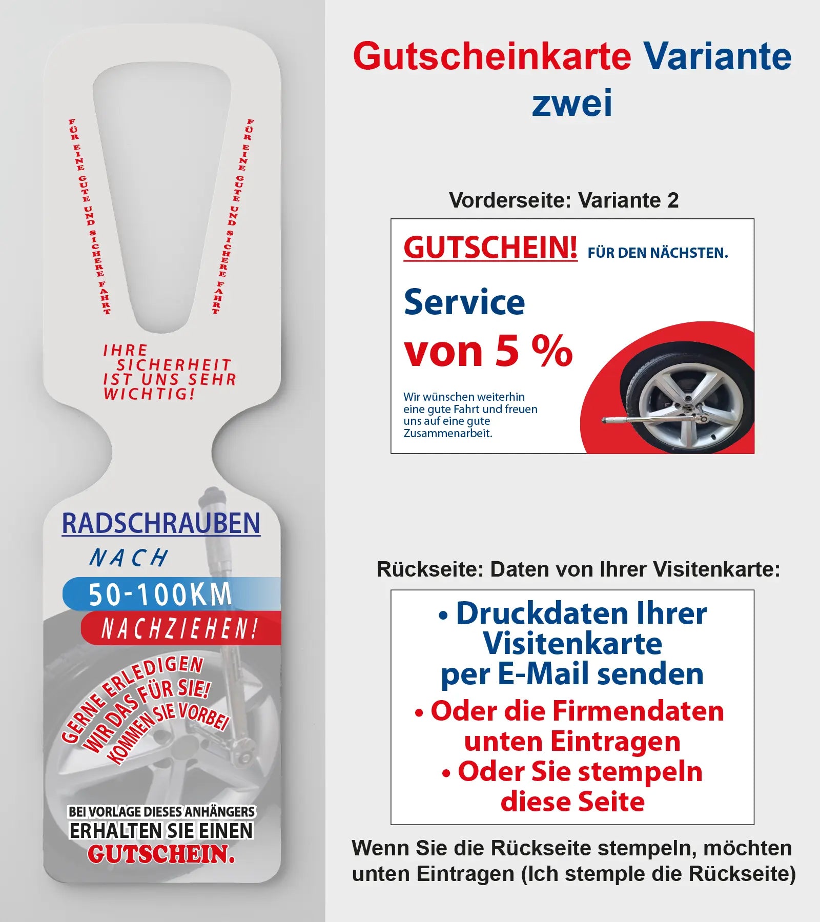 Radschrauben Spiegelanhänger mit Gutscheinkarte KFZ-Service mit Konzept Reifenmontage - Kriegerdruck