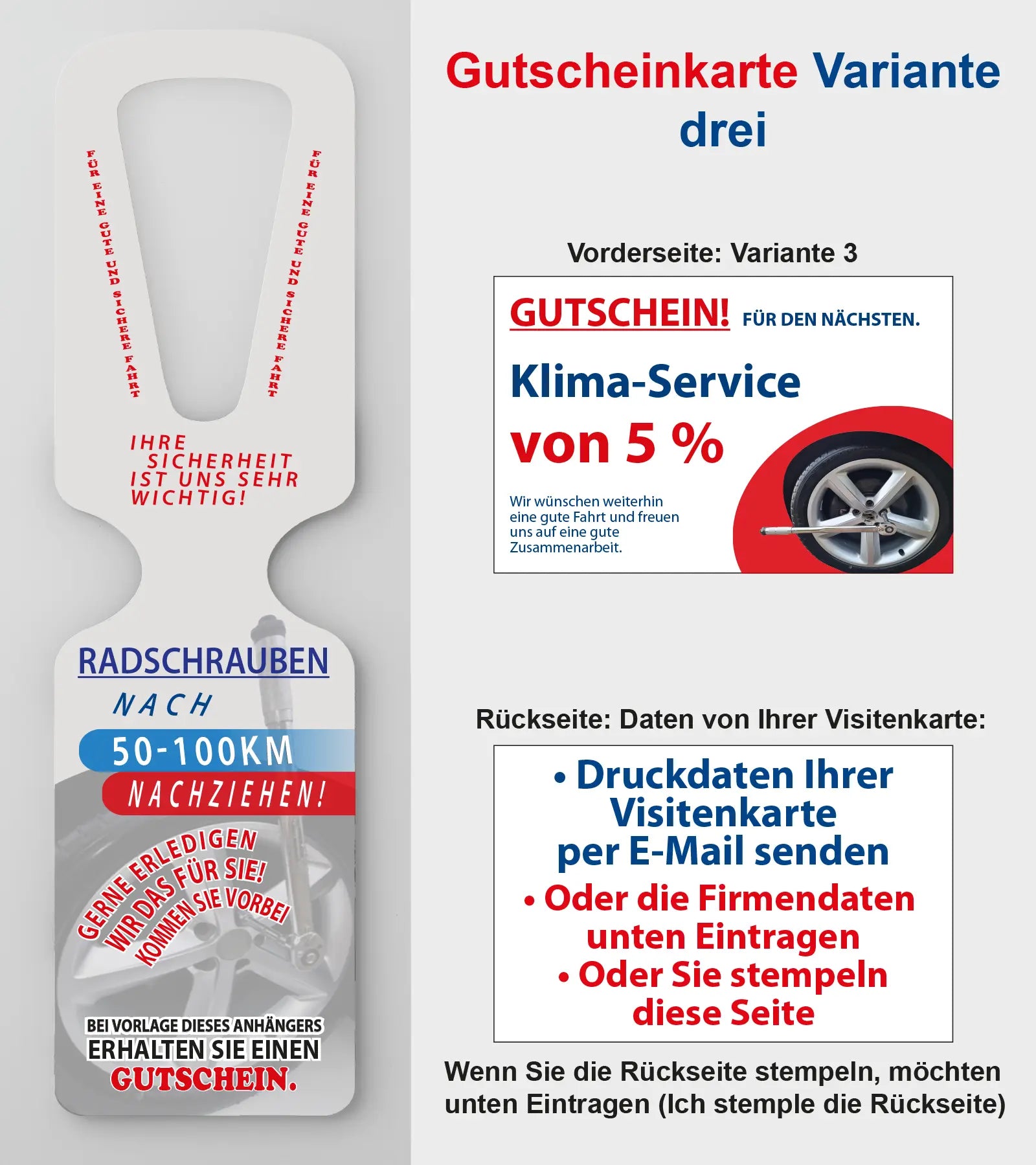Radschrauben Spiegelanhänger mit Gutscheinkarte KFZ-Service mit Konzept Reifenmontage - Kriegerdruck