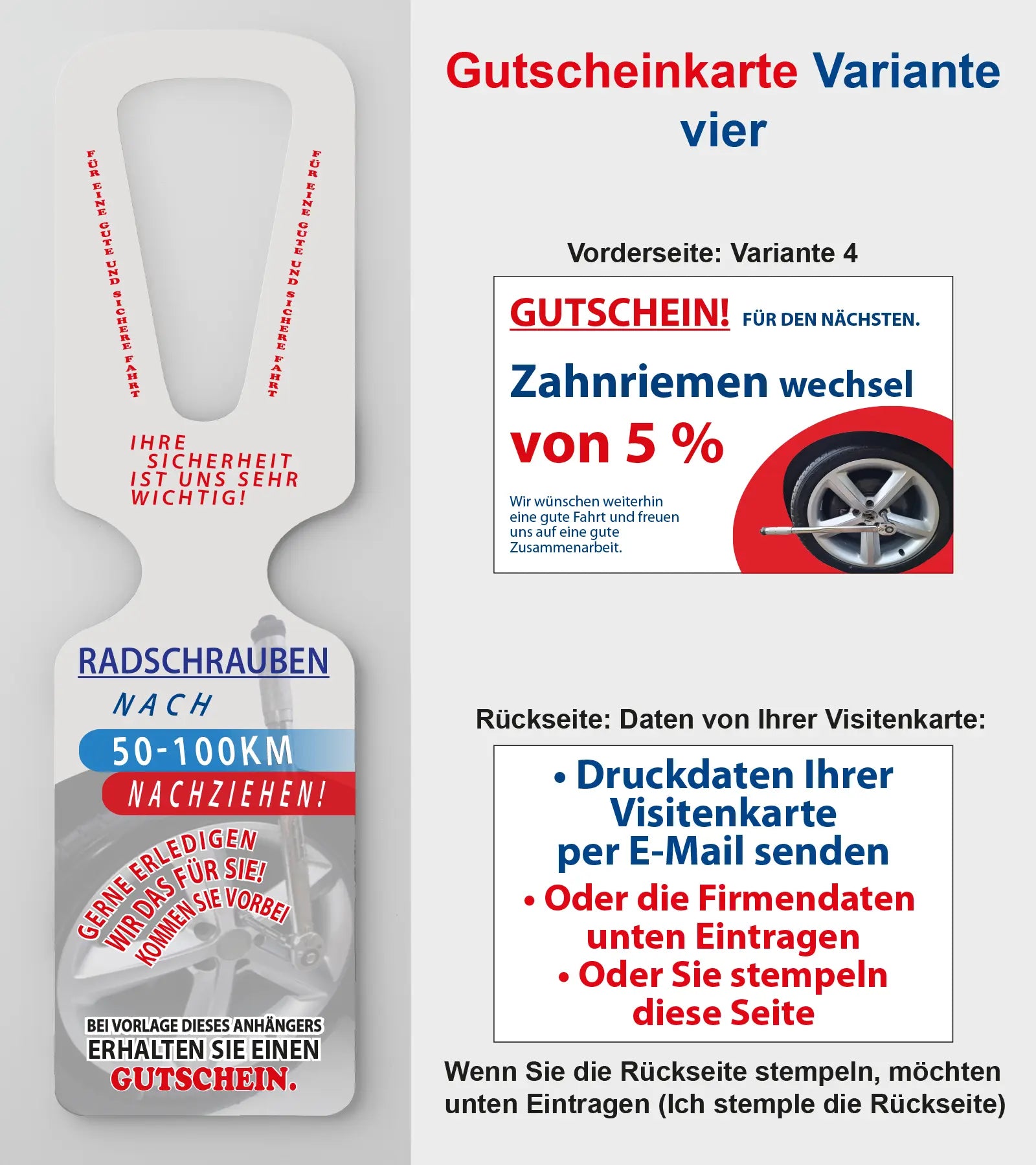 Radschrauben Spiegelanhänger mit Gutscheinkarte KFZ-Service mit Konzept Reifenmontage - Kriegerdruck