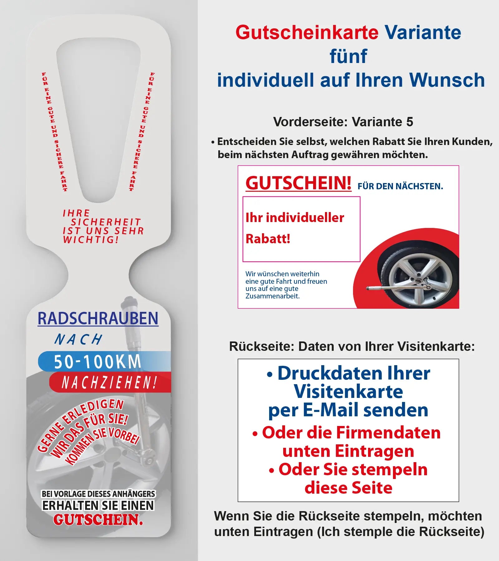 Radschrauben Spiegelanhänger mit Gutscheinkarte KFZ-Service mit Konzept Reifenmontage - Kriegerdruck